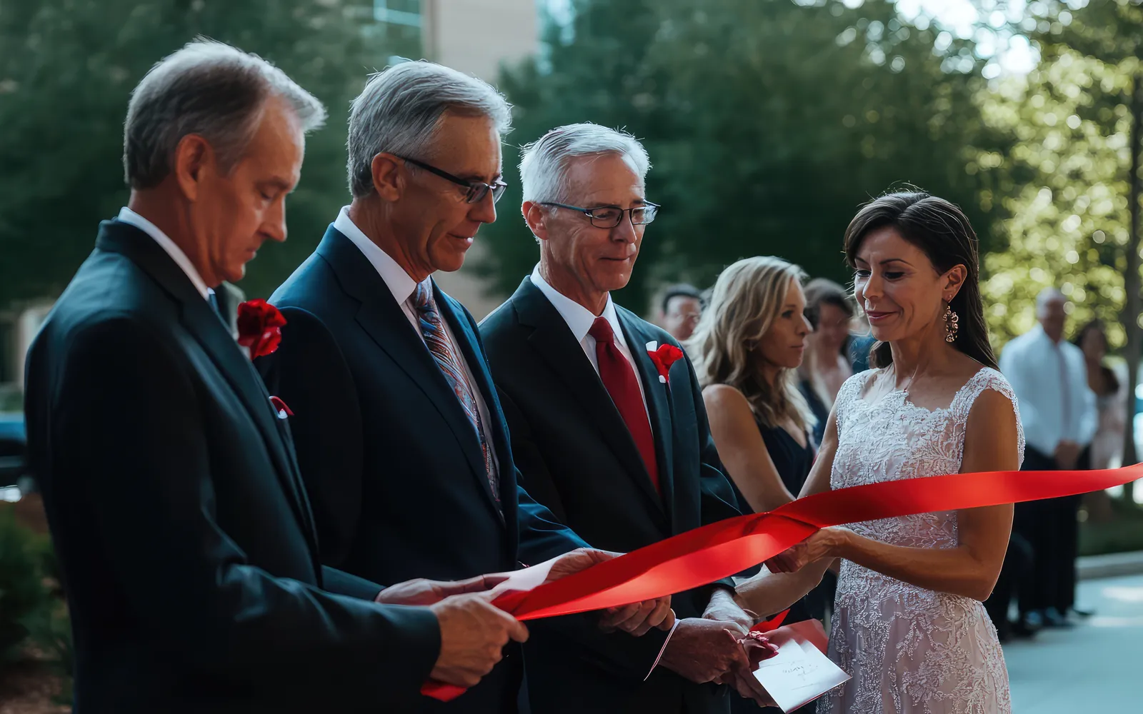 Guests cutting a red ribbon at the opening of Fluor’s Bucharest office