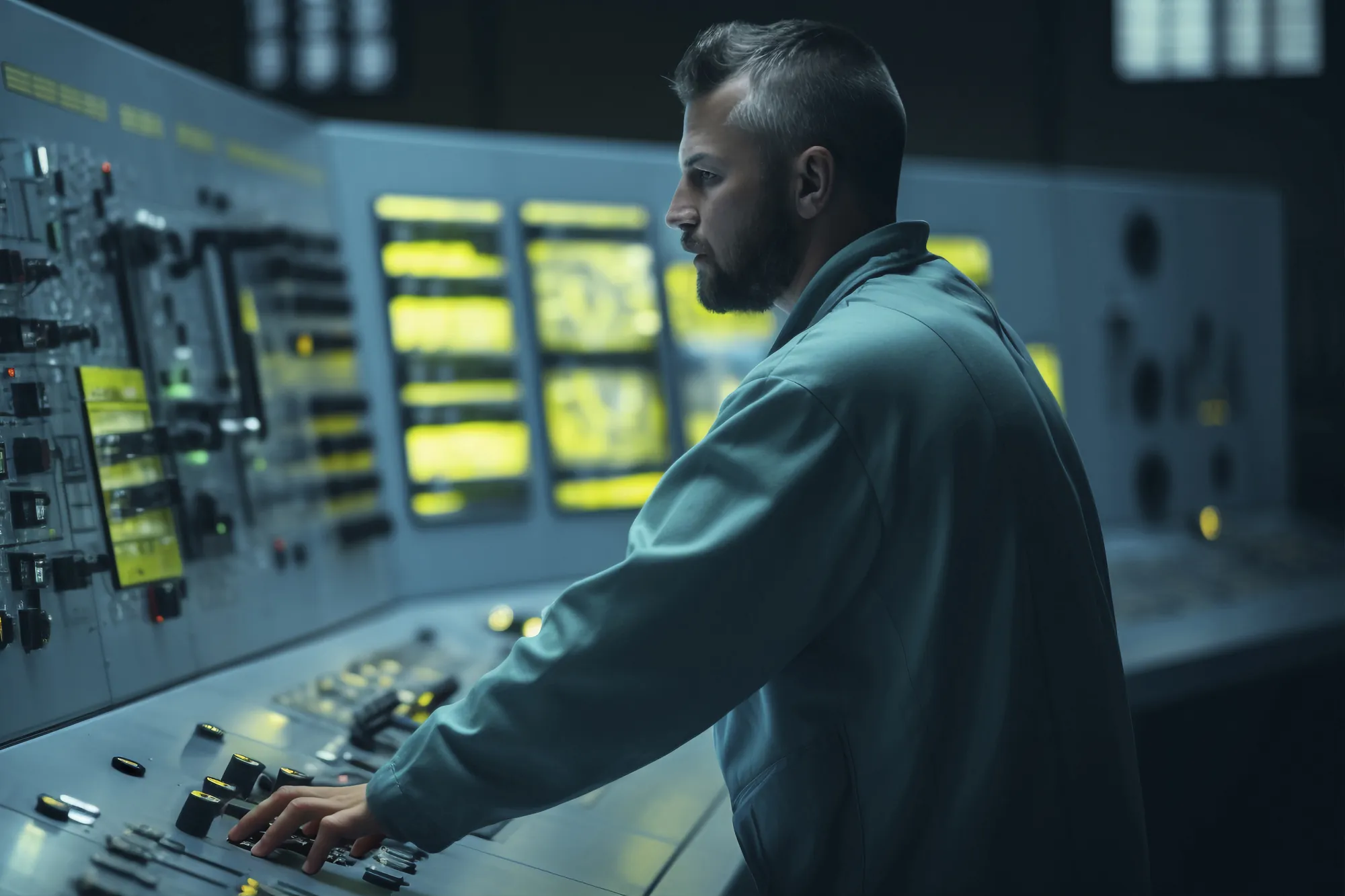An operator working at the control panels of a nuclear plant control room