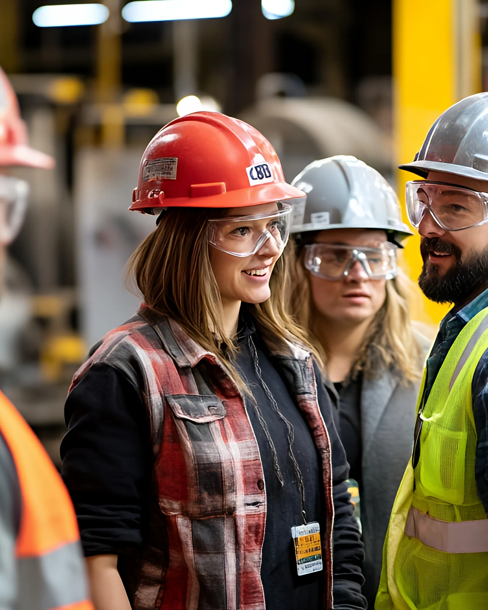 Fluor team members on an industrial site wearing hard hats, safety glasses and high-visibility vests